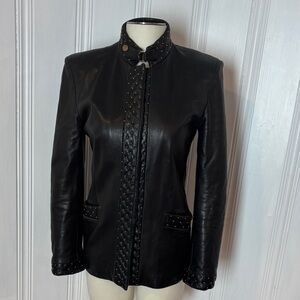 Black Leather Fur Lined Moto Jacket With Gold Studs - Size EU 44